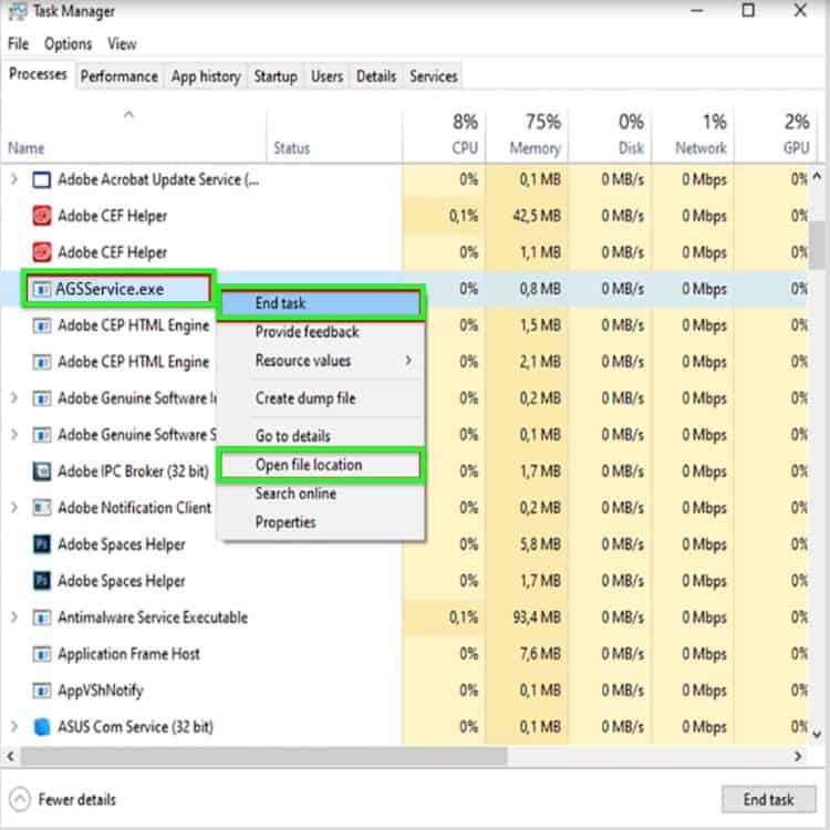 Disable Adobe Genuine Software Integrity Service via Task Manager