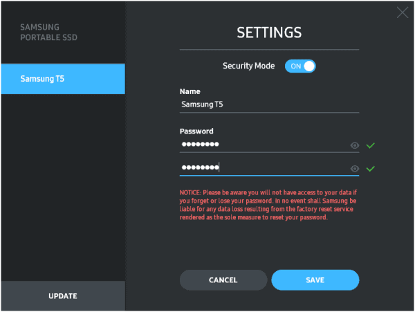 Samsung T5 Software Settings Password