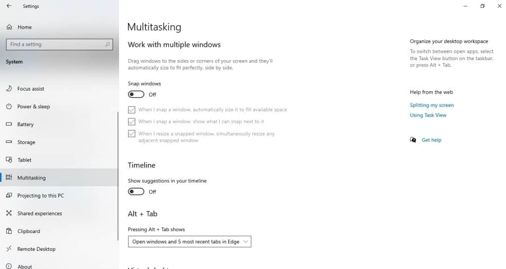 Windows Multitasking Settings