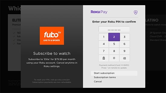 FuboTV Roku PIN to Start Subscription
